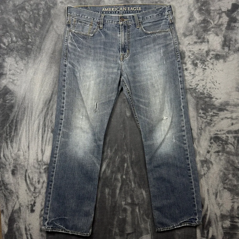 American Eagle Relaxed Jeans Mens 36x32 Blue Good Distressed Straight Leg Denim